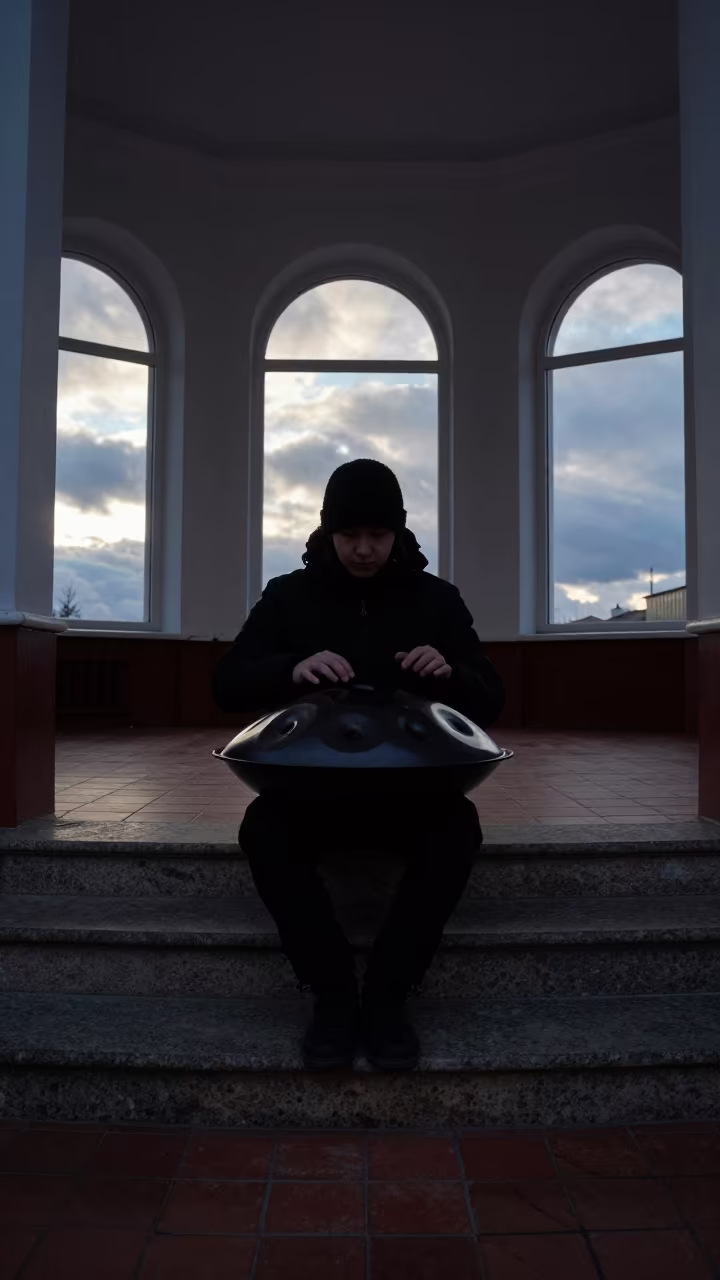 Silhouette Handpan Player in Winter Stone Hall in inside a tiled stair hall in Samara