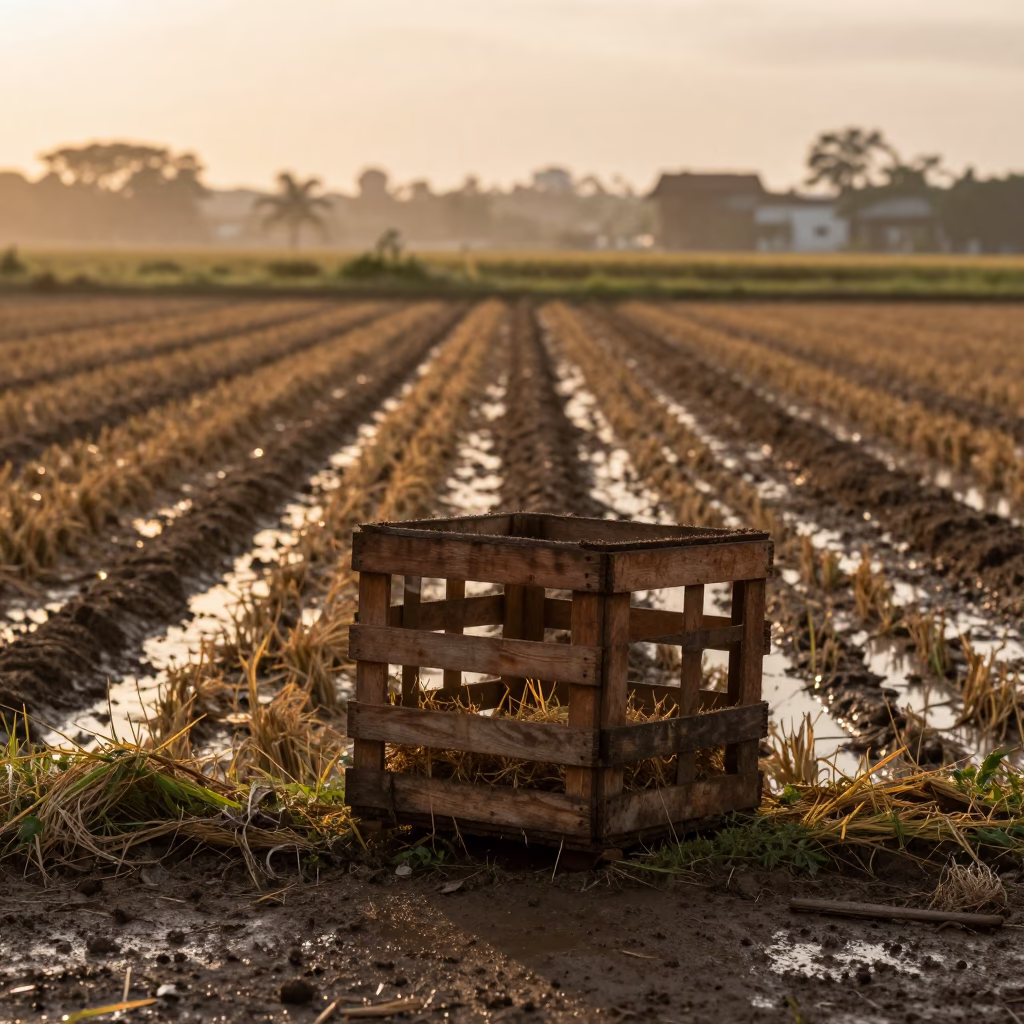 Silhouette Harvest Crate on Cuban Rice Paddy in across a harvested grain field near Havana