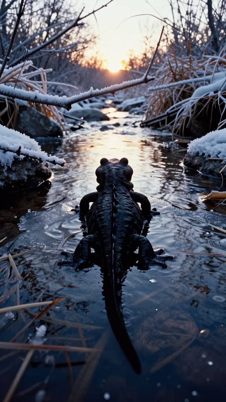 Silhouette of Hellbender in Winter Stream in above a glacial stream in Texas