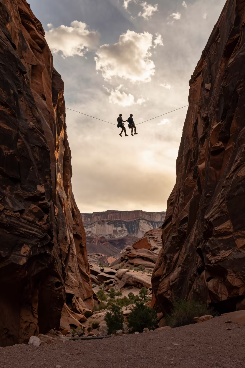 Silhouette Highliner Walking Canyon Slackline at Sunset in across a wide valley floor near Las Vegas