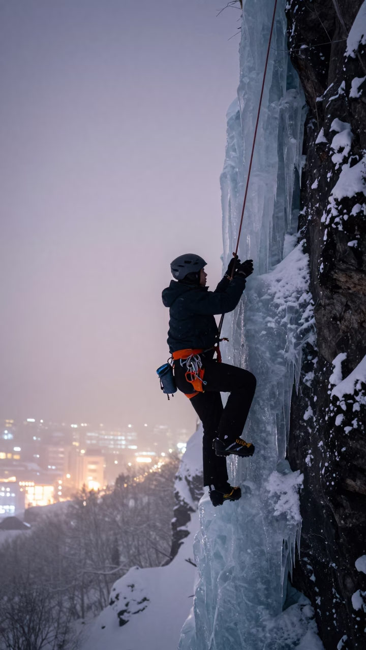 Silhouette of Ice Climber in Winter Mist in on a mountain path near Sapporo