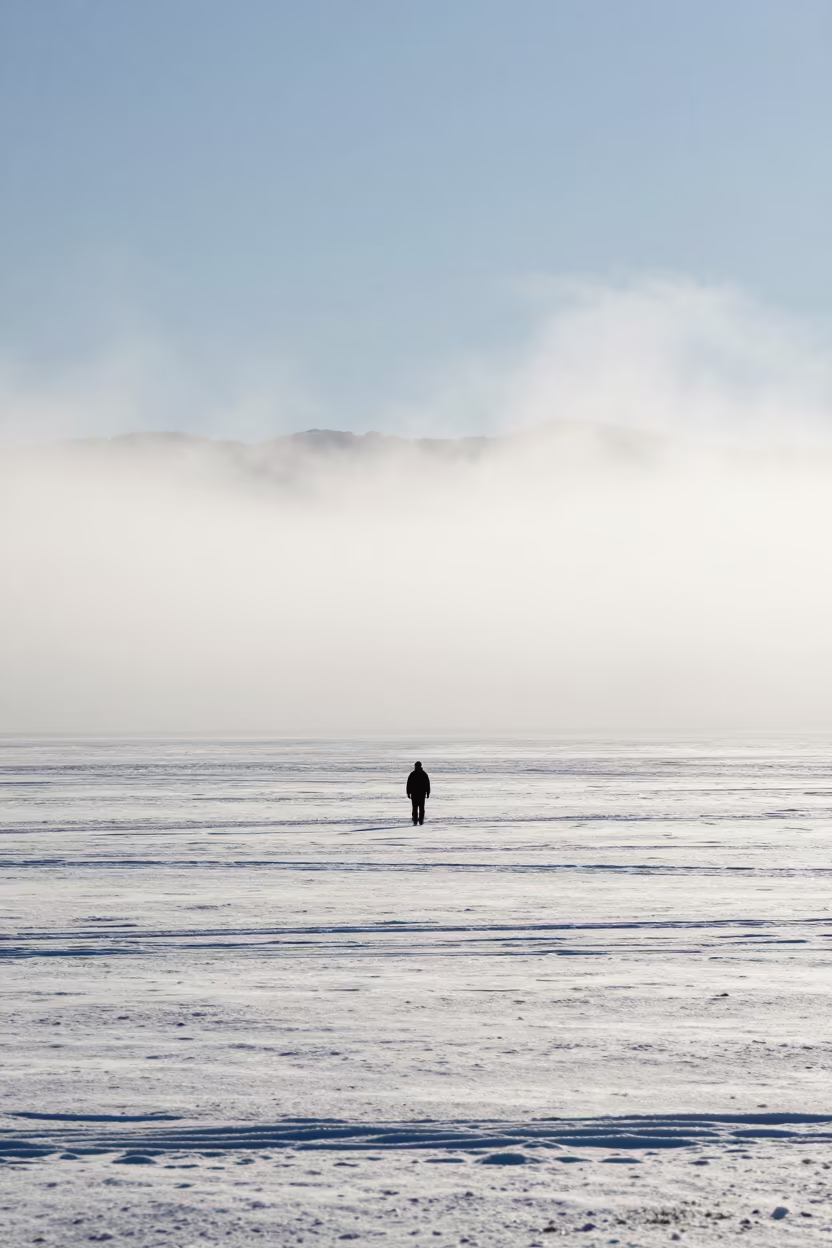 Silhouette in Anchorage Blizzard Midday Light in across a storm-bright plain near Anchorage