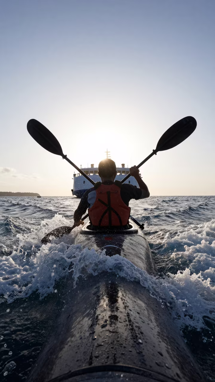 Silhouette of Kayak Paddle Slicing White Water in across a remote ferry crossing in the Balearic Islands
