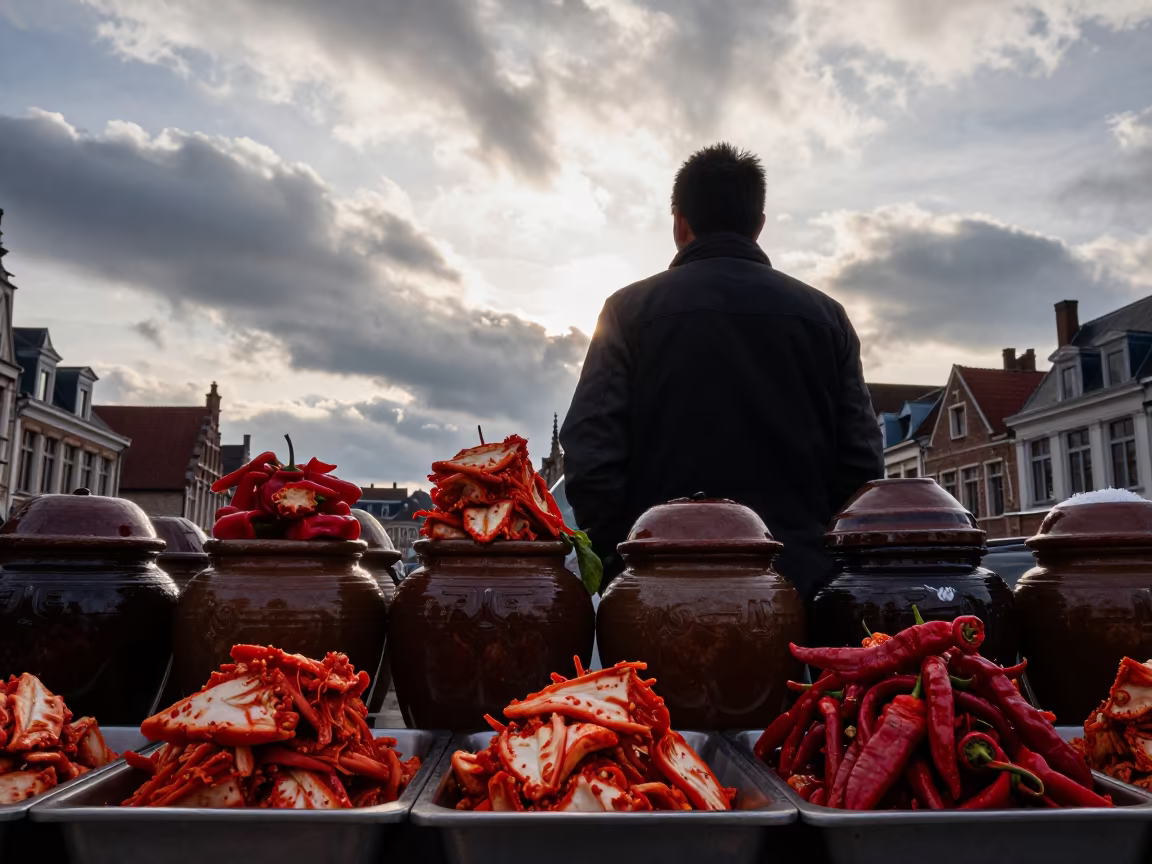 Silhouette of Kimchi Vendor in Ghent Market in at a spice vendor's table in Ghent