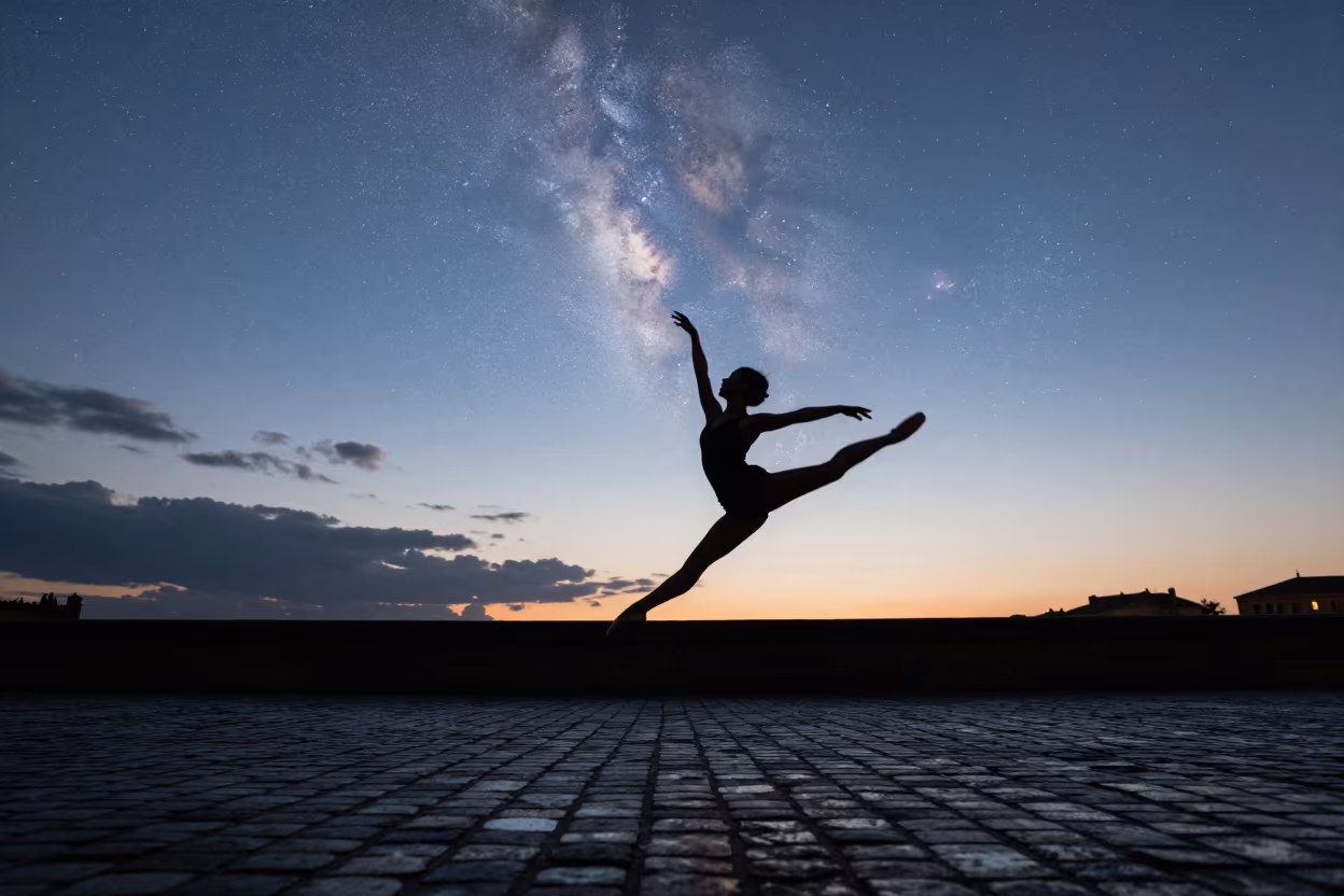 Silhouette of Leaping Dancer Over Zaragoza in in Zaragoza