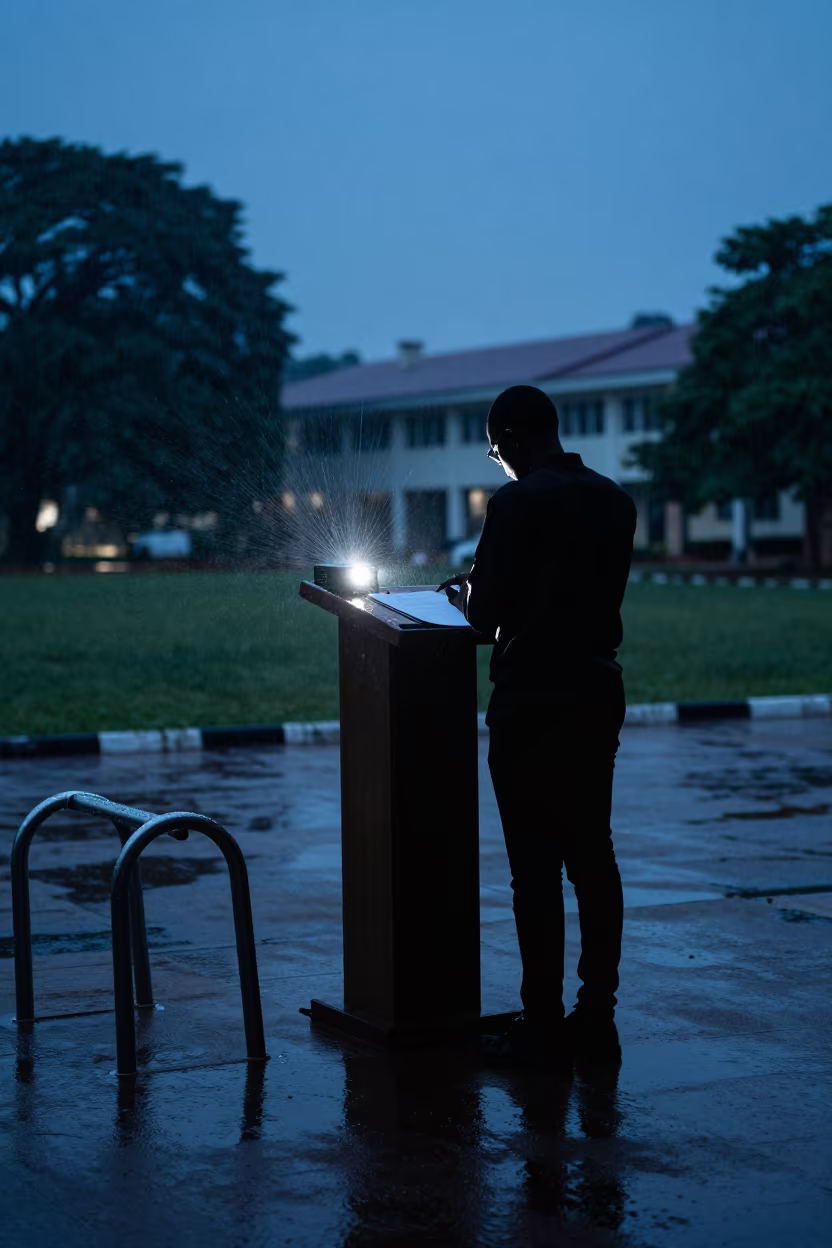 Silhouette of Lecture Podium at Dawn in beside campus bike racks at dawn in Benin City