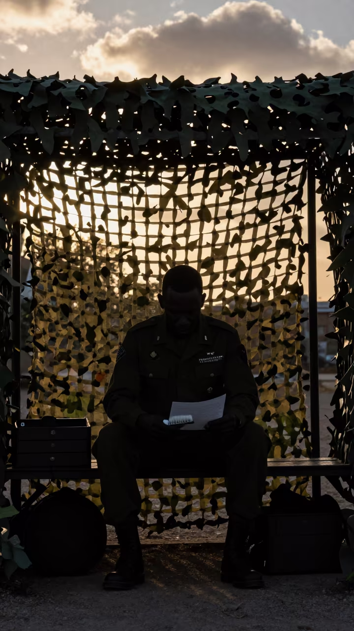 Silhouette of Lint Brush Drawer in Algerian Camouflage Net in beneath a camouflage net shelter near Algiers