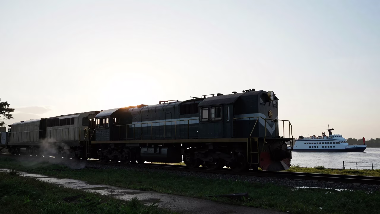 Silhouette Locomotive Rotated on Turntable Near Beira Ferry in across a remote ferry crossing near Beira