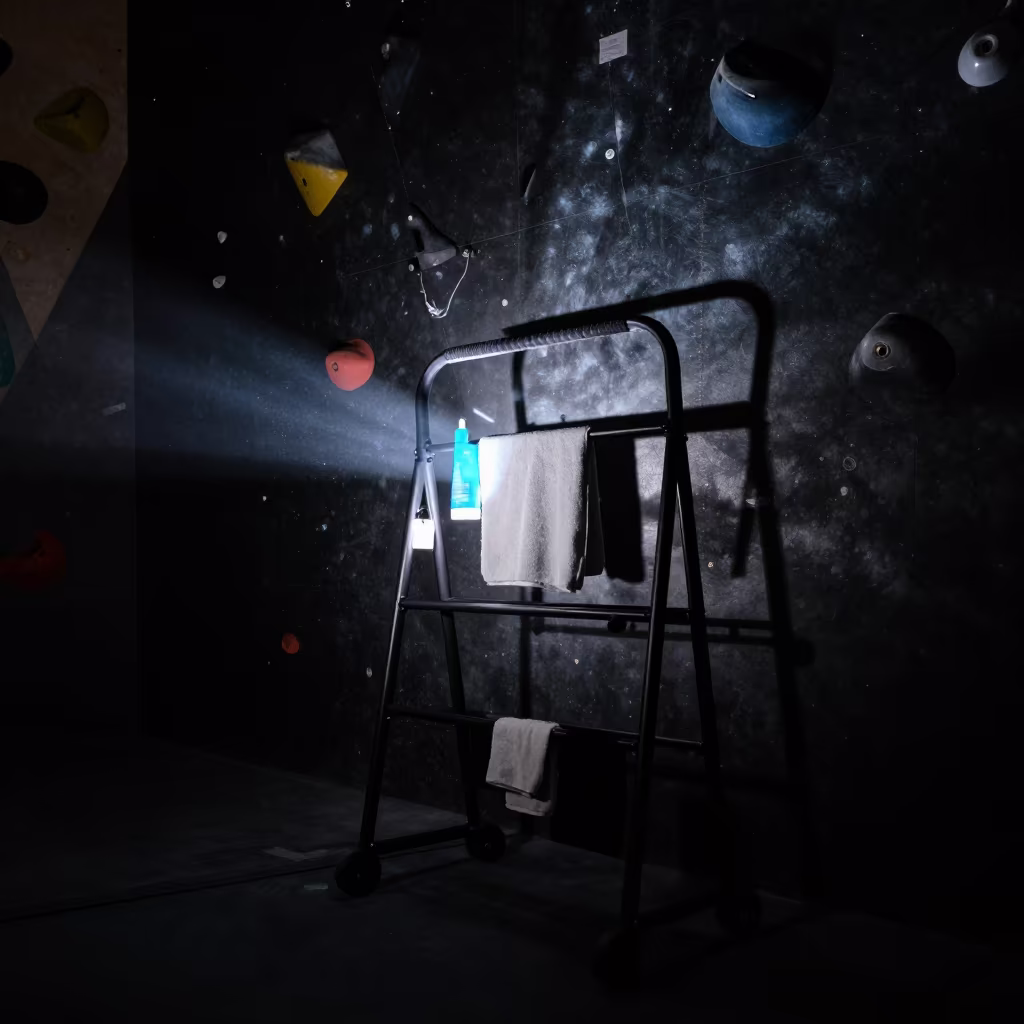 Silhouette at Malaga Gym Wash Rack in inside a climbing gym warmup zone in Malaga