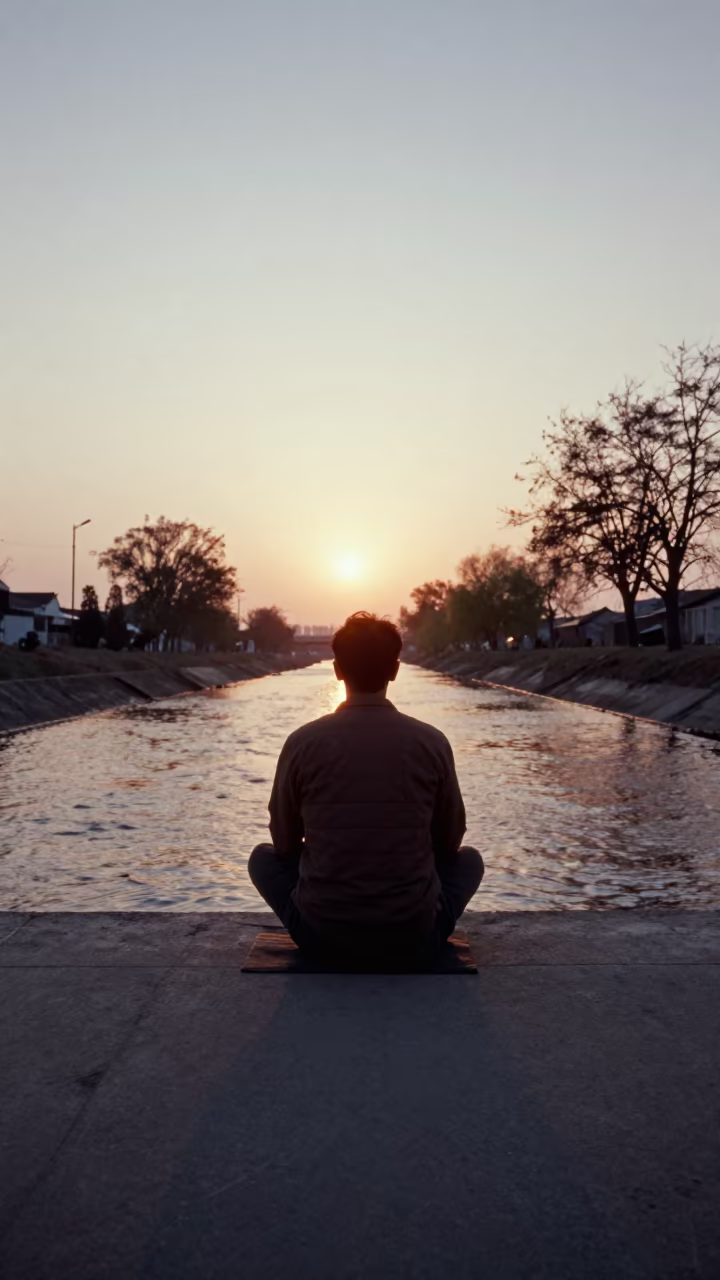 Silhouette Man Meditating Nanchang Canal Sunset in beside a canal in Nanchang