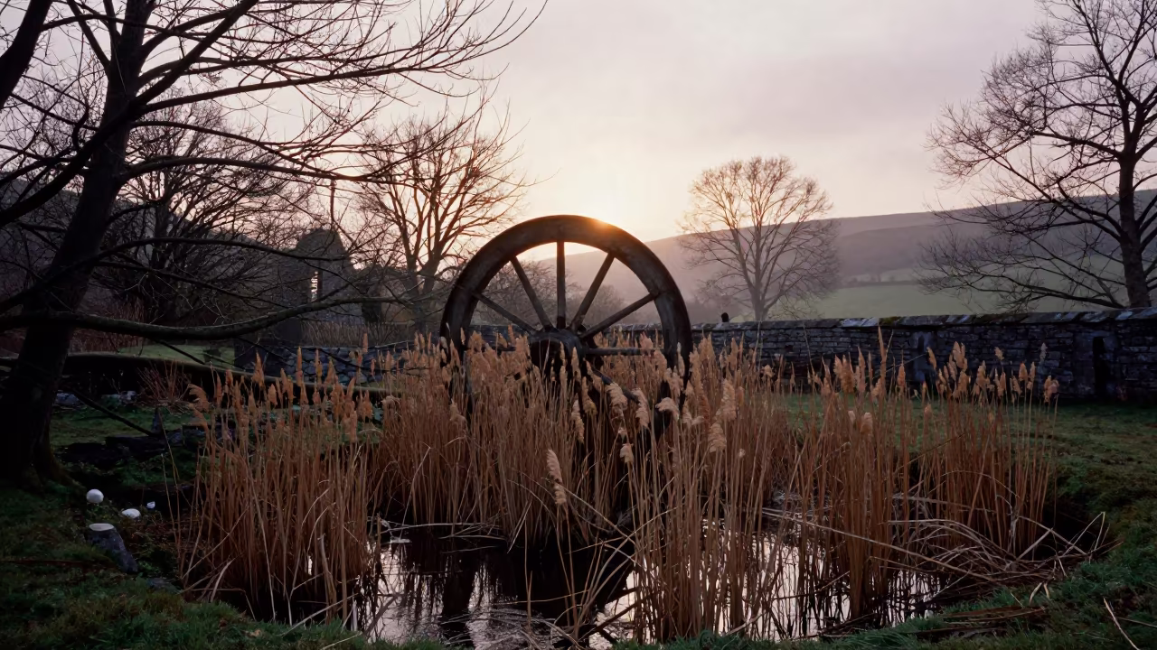 Silhouette of Mill Wheel in Welsh Court Twilight in through an abandoned ceremonial court in Wales