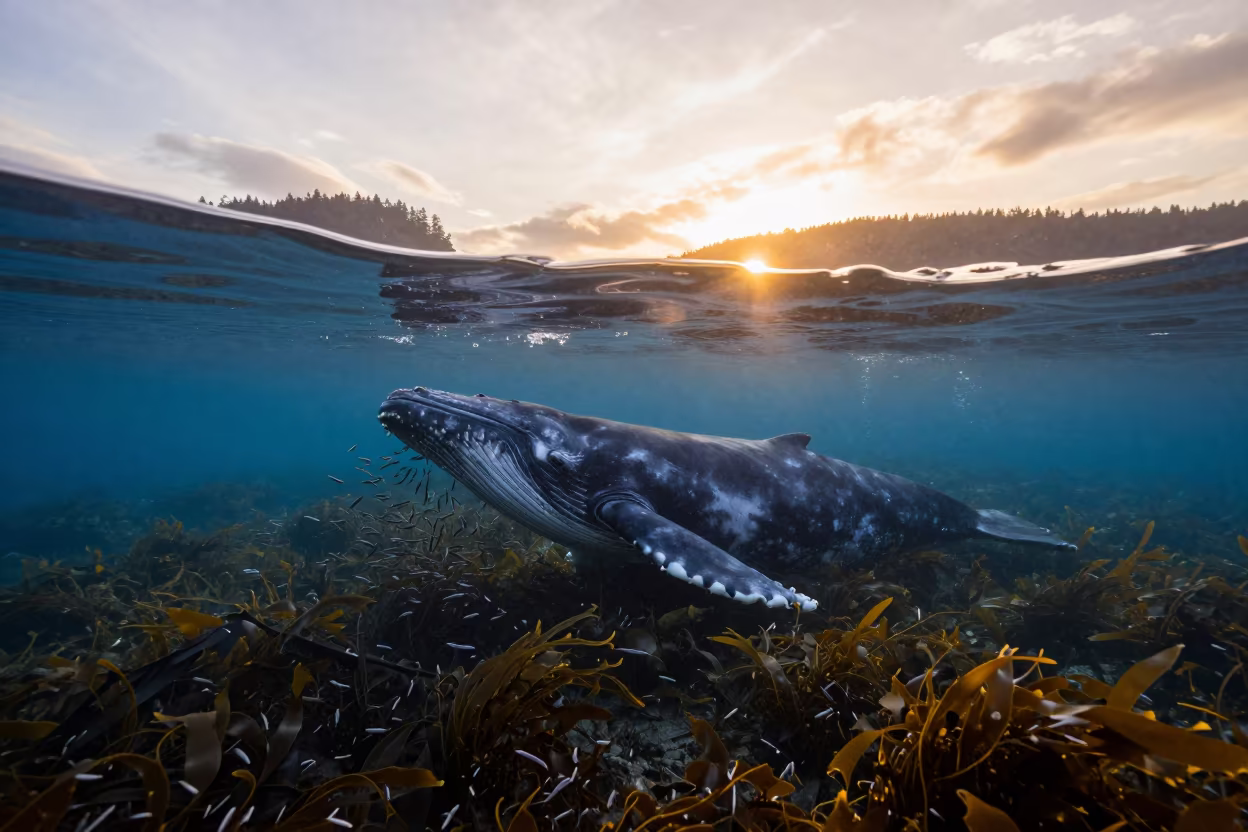 Silhouette of Minke Whale Feeding in Kelp Forest in along a kelp-fringed shelf in British Columbia