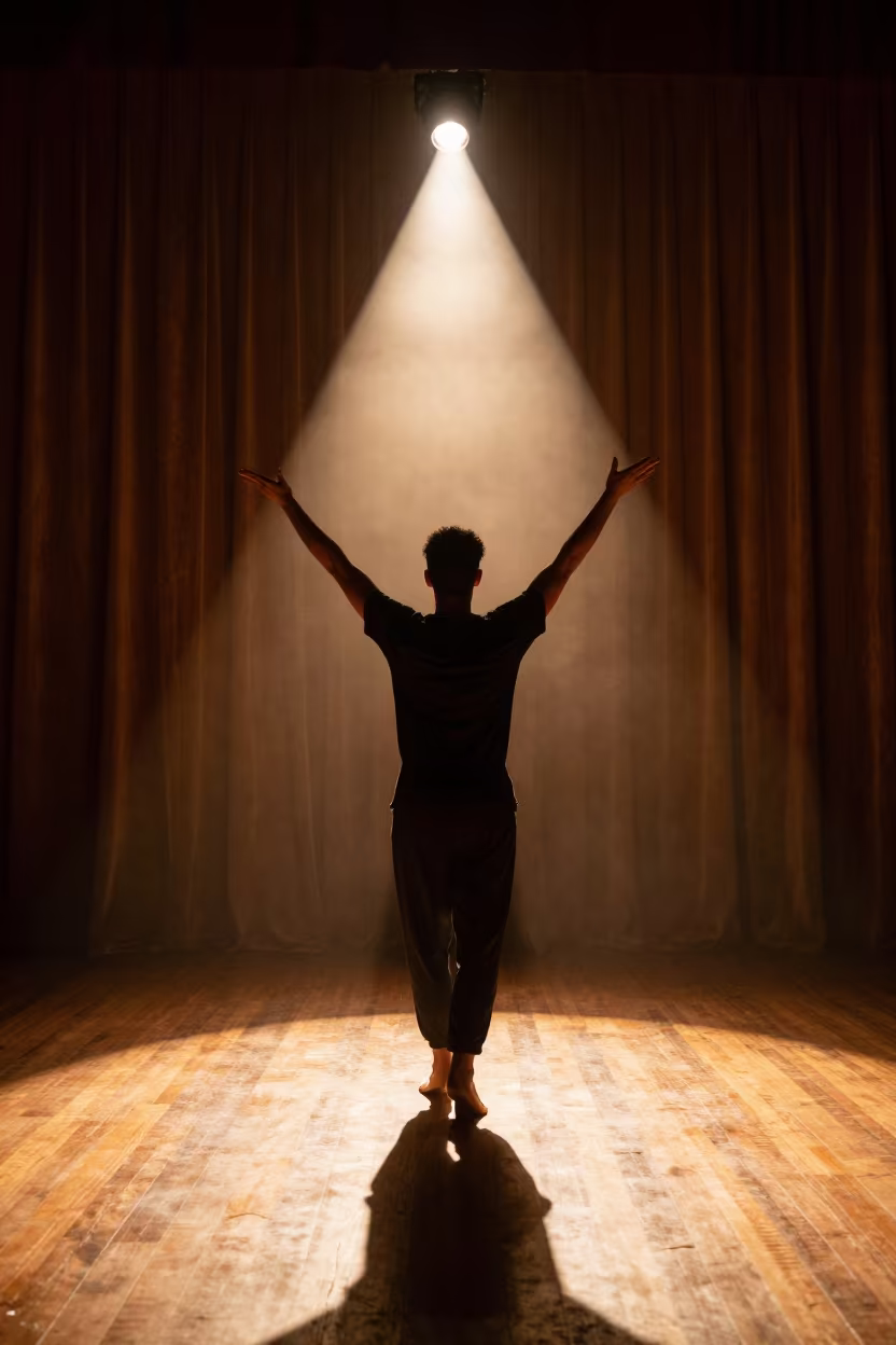Silhouette Monologue Under Warm Golden Hour Theater Light in in a concert hall in Boise