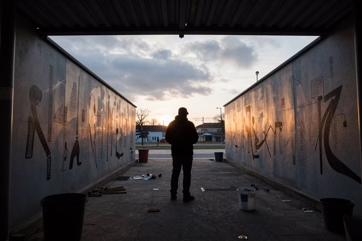 Silhouette Muralist at Weimar Workshop Sunset in at a public square in Weimar