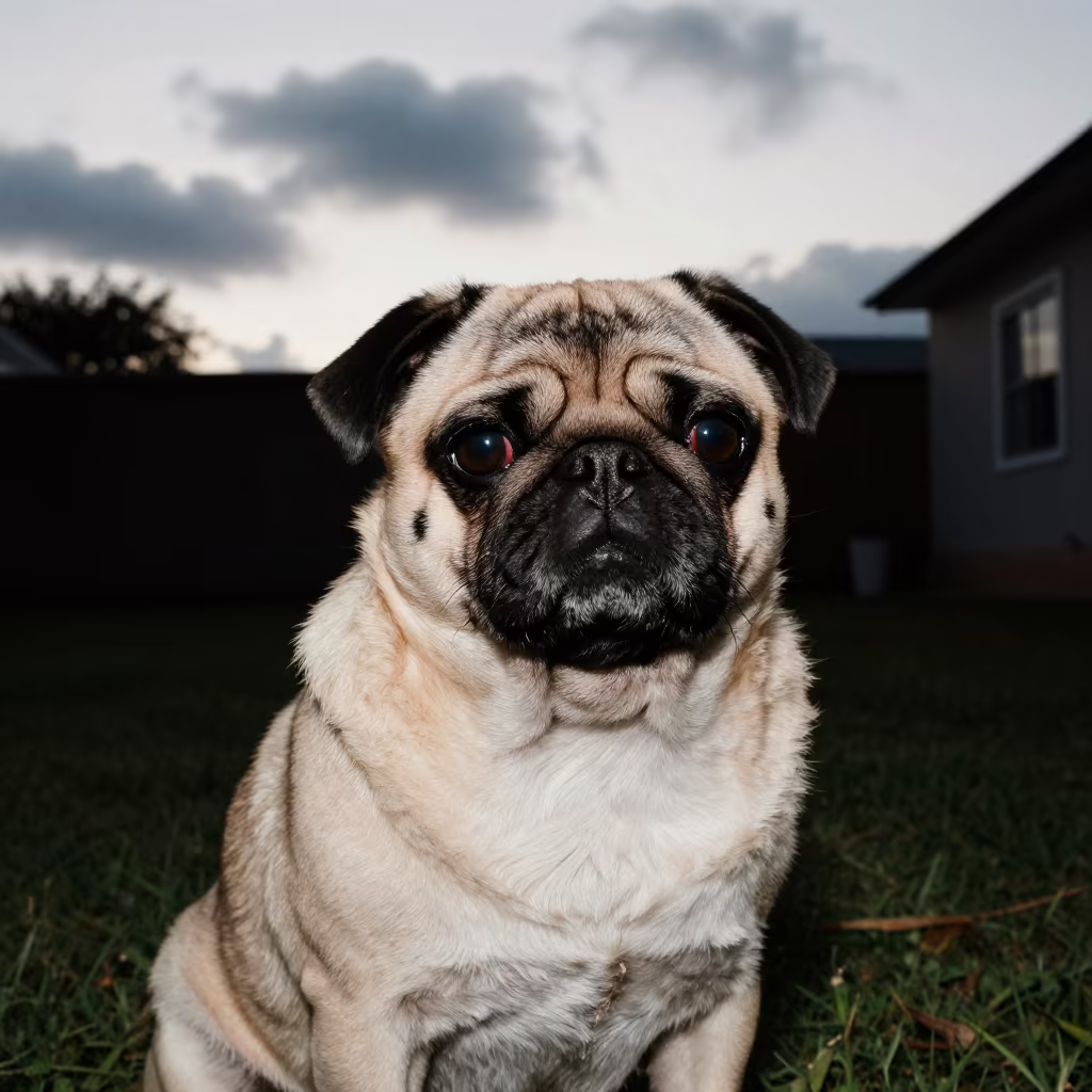 Silhouette of a Pug in Carúpano Twilight Yard in in a small yard with clipped grass, calm light, and the animal centered in frame in Carúpano