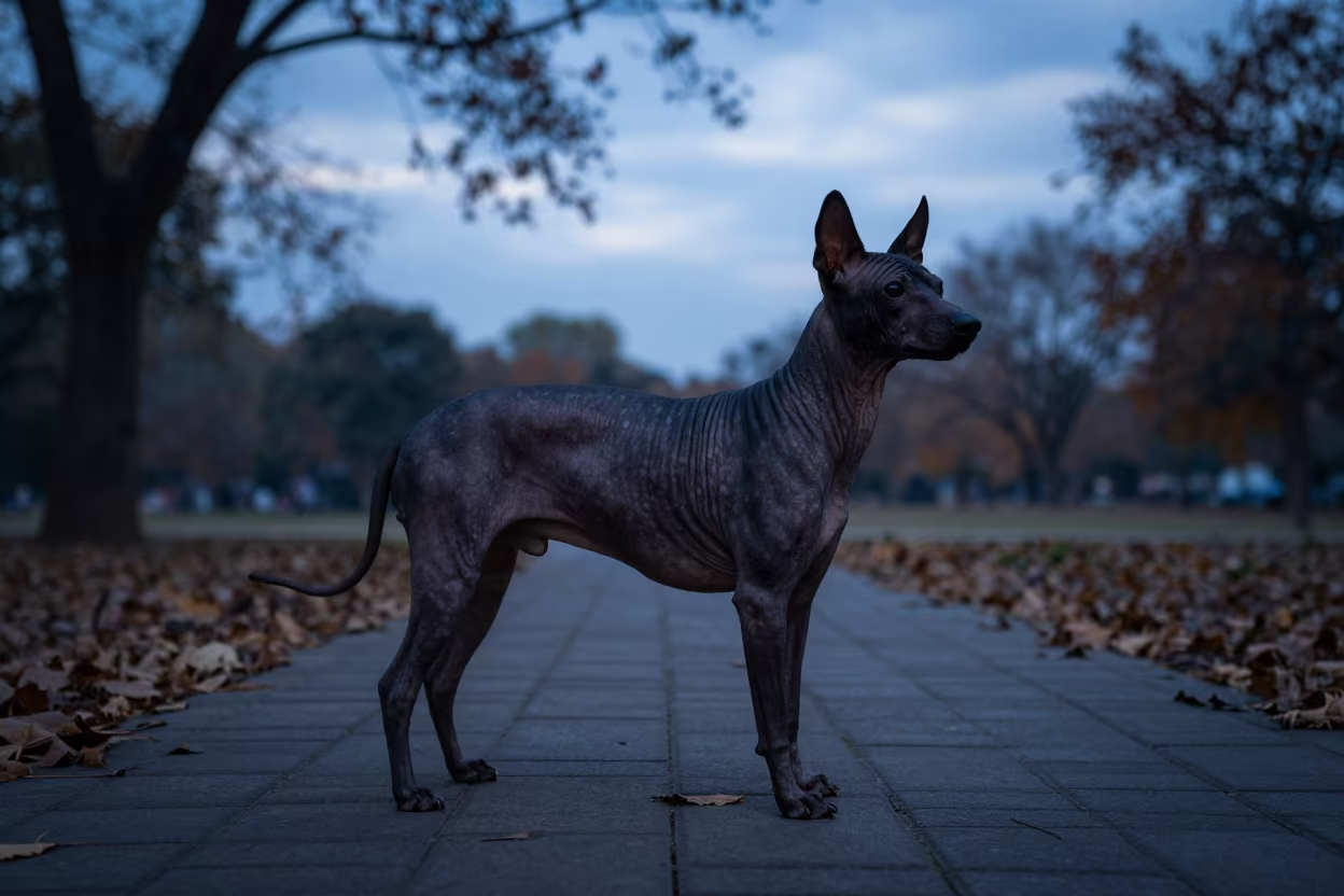 Silhouette of Xoloitzcuintli on Quiet Lucknow Path in along a quiet park path with soft open shade and a clean background near Lucknow