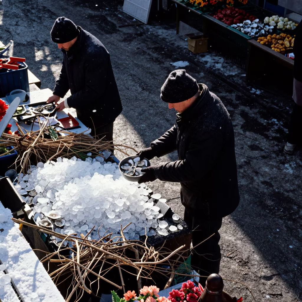 Silhouette of Oyster Merchant at Oslo Winter Auction in at a flower auction bench in Oslo