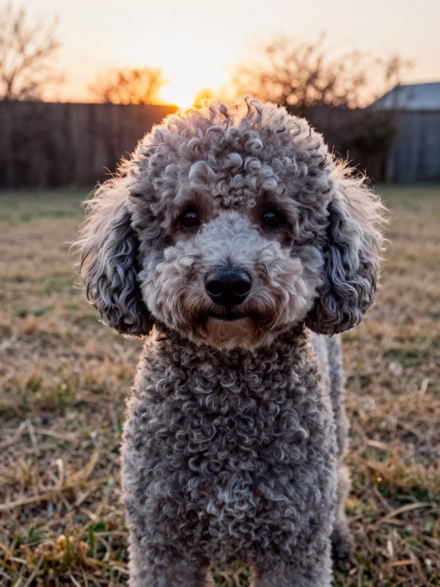 Silhouette Poodle Portrait in Tabou Dry Yard in in a small yard with clipped grass, calm light, and the animal centered in frame in Tabou