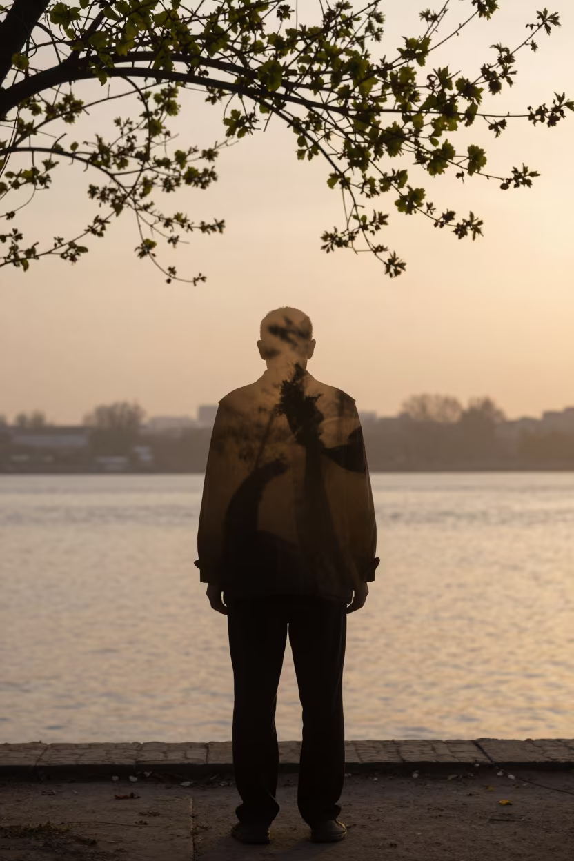 Silhouette Portrait Autumn Trees Harbor Mist in at a harbor edge in Aktobe