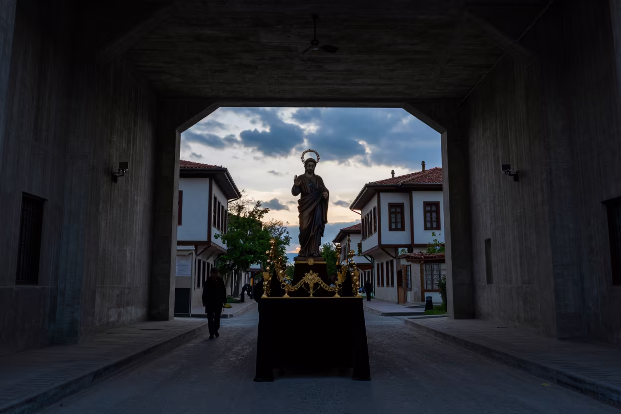 Silhouette Procession Through Ribbed Concrete Lobby in inside a ribbed concrete lobby near Denizli