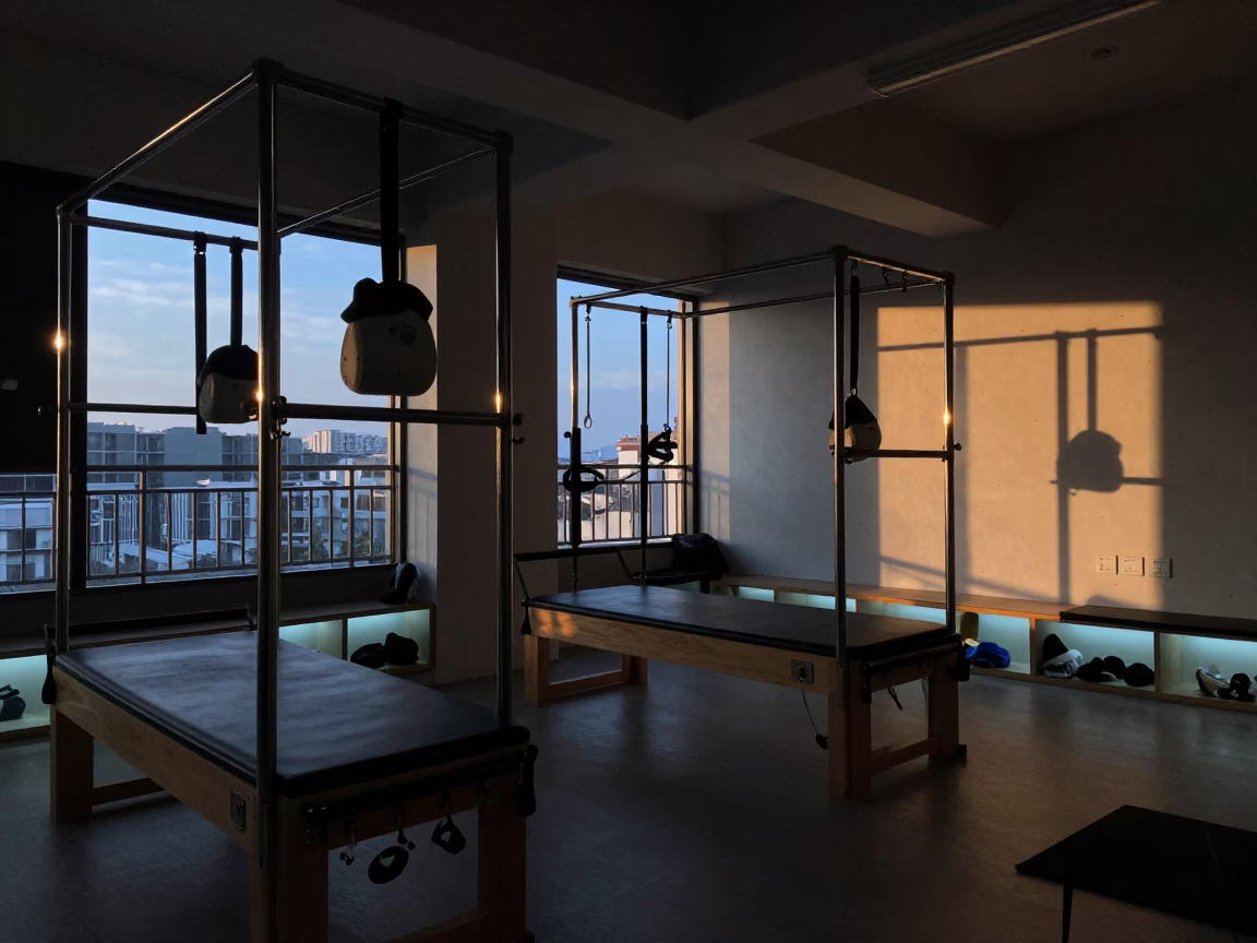 Silhouette of Reformer Studio in Winter Morning Light in inside a climbing gym warmup zone in Okinawa