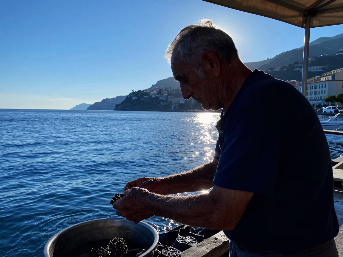 Silhouette of Retired Shrimper at Amalfi Landing in near a riverside landing in Amalfi