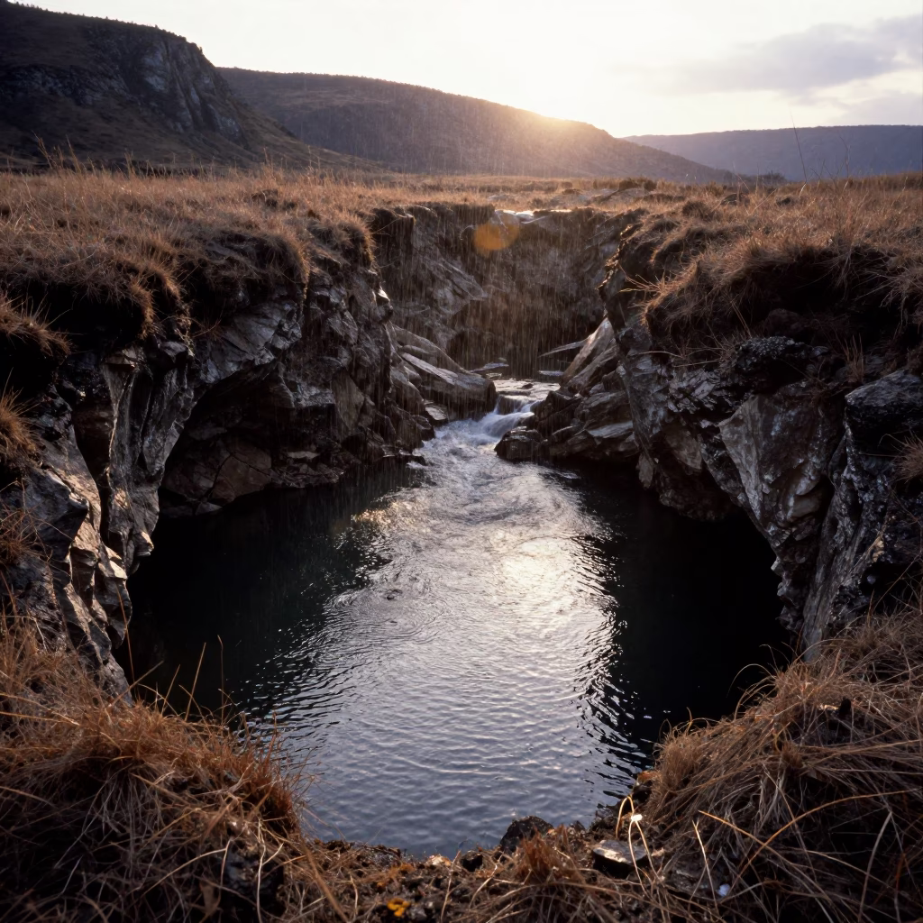 Silhouette River Emerging from Urals Cave in in the Urals