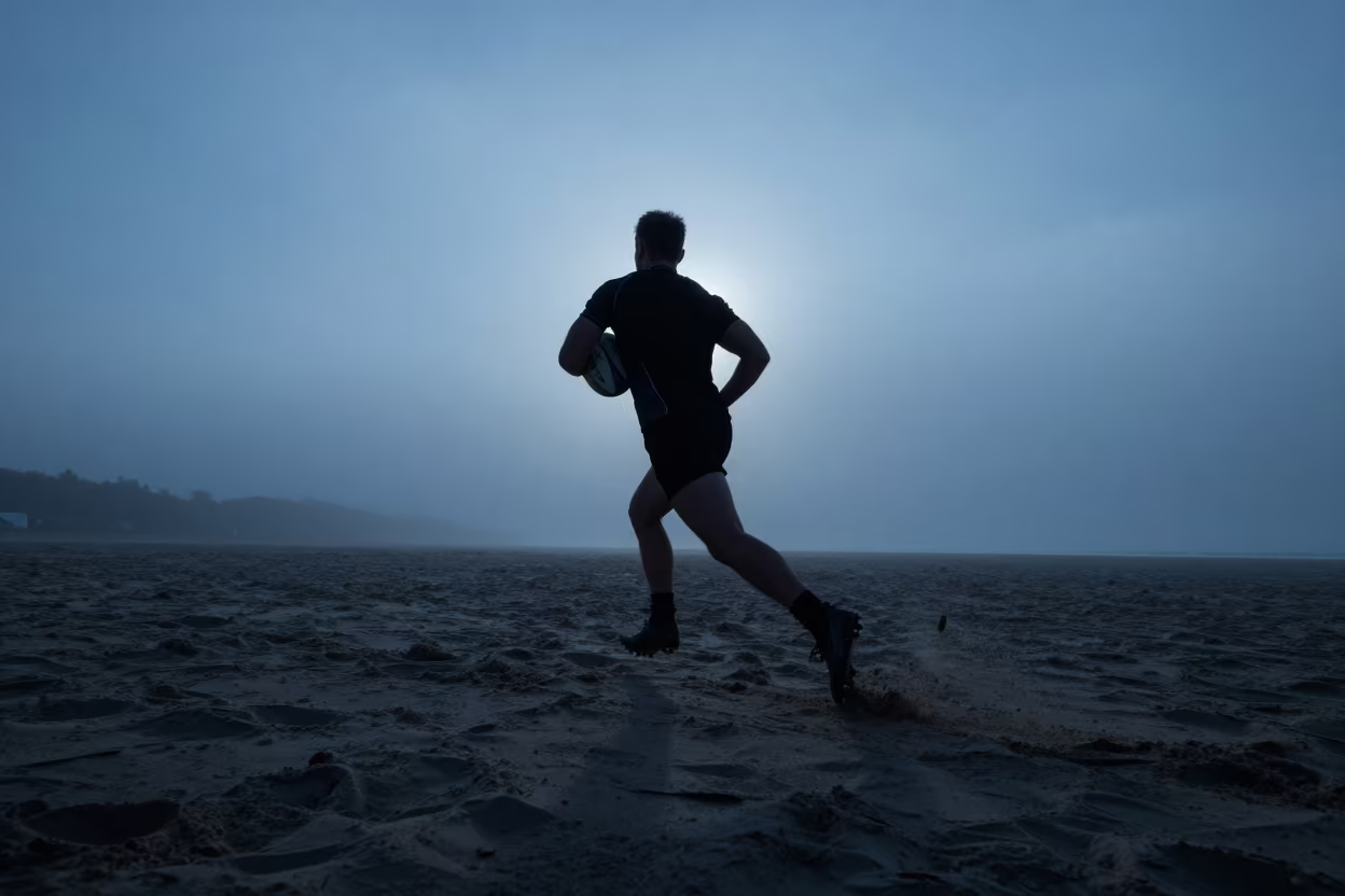 Silhouette Rugby Player Sprinting on Foggy Beach in along a beach near Nizhny Novgorod