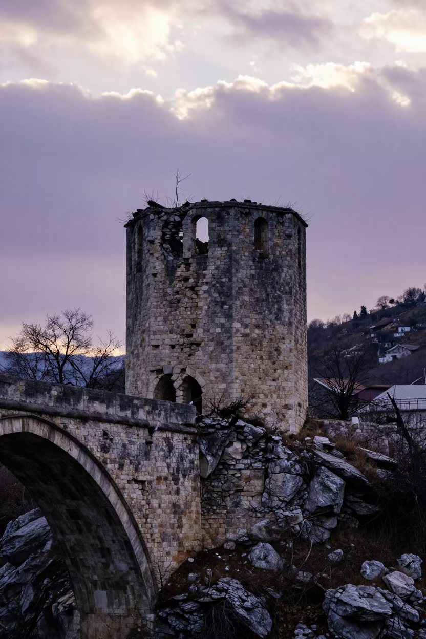 Silhouette of Ruined Bridge Tower at Dusk in in Bosnia and Herzegovina