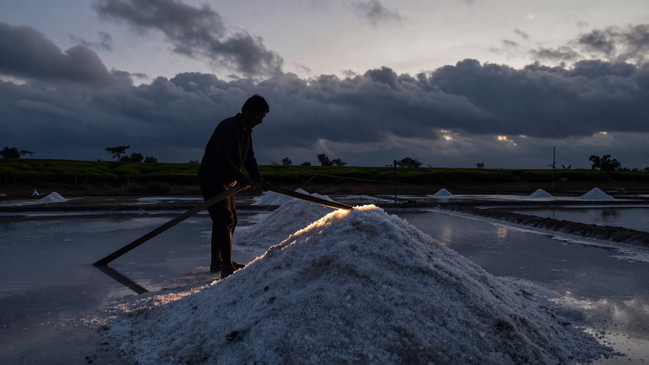 Silhouette of Salt Harvester at Dawn in at the edge of a tea plantation in Minatitlán