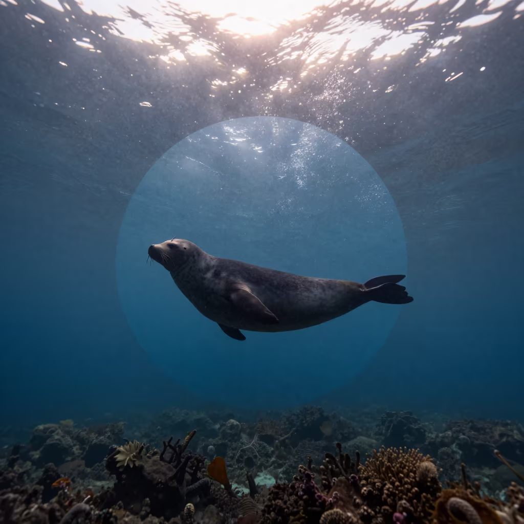 Silhouette Seal Through Blue Hole at Tel Aviv Reef in above a cold-water reef edge near Dizengoff, Tel Aviv