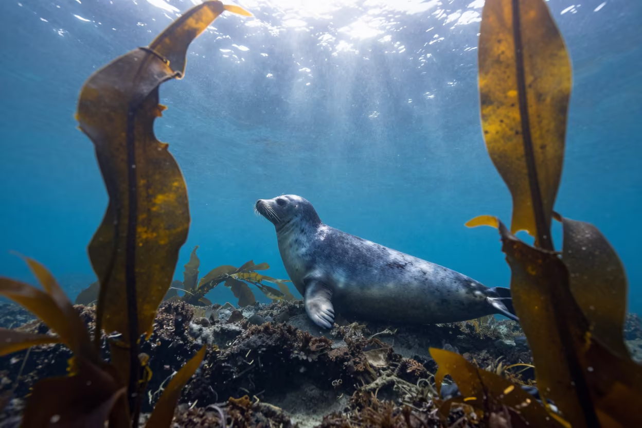 Silhouette Seal in Kelp Forest Morning Light in beside a tide-cut rock ledge under clear water in Skala, Essaouira