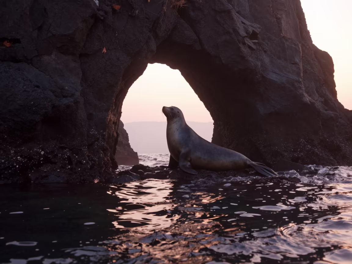 Silhouette Seal Through Volcanic Arch Under Water in beside a tide-cut rock ledge under clear water near Haeundae, Busan