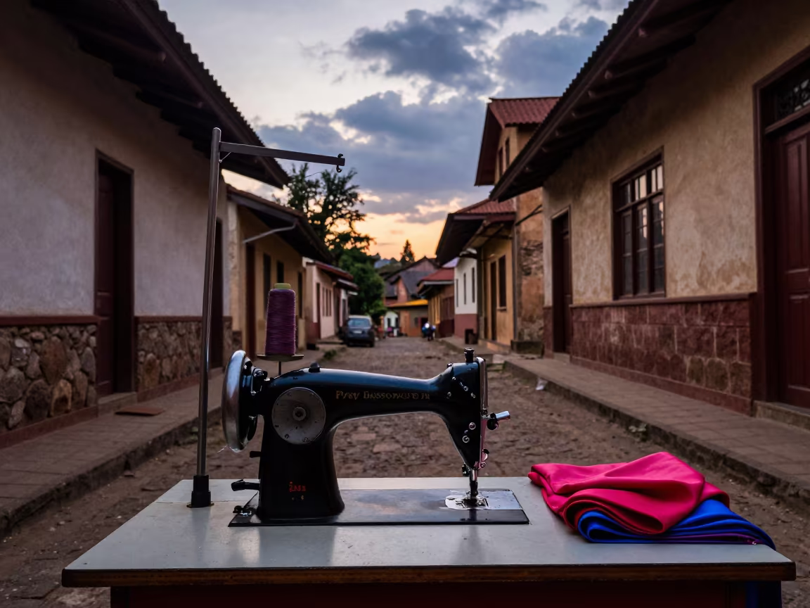 Silhouette Sewing Station in Buea Stone Lane Twilight in in a stone lane between old facades in Buea