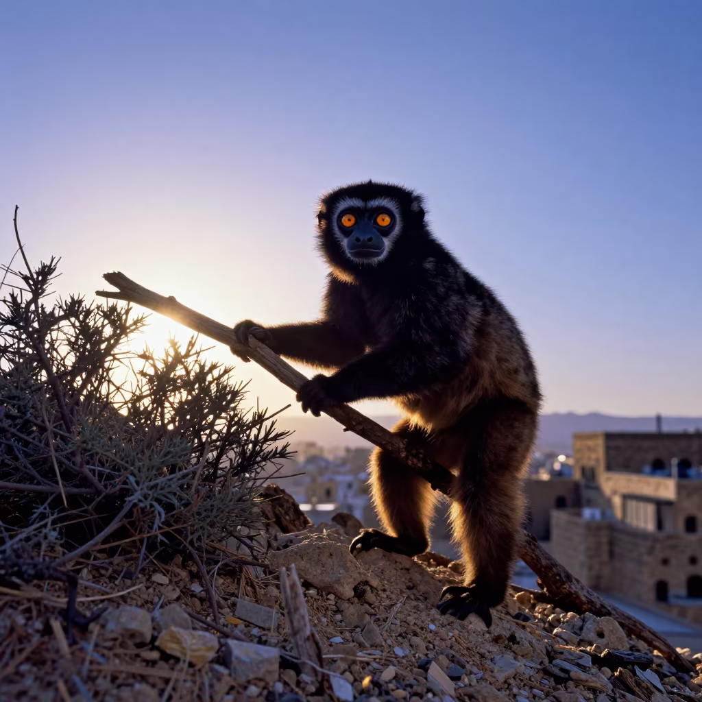 Silhouette Slow Loris on Wind-Scoured Ridge at Sunset in on a wind-scoured ridge near Sana'a