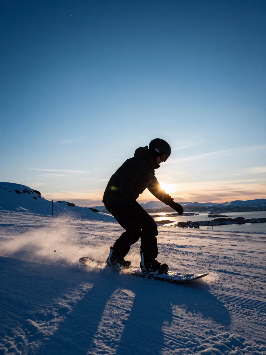 Silhouette of Snowboarder at Sunset Oslo in on a mountain path near Oslo
