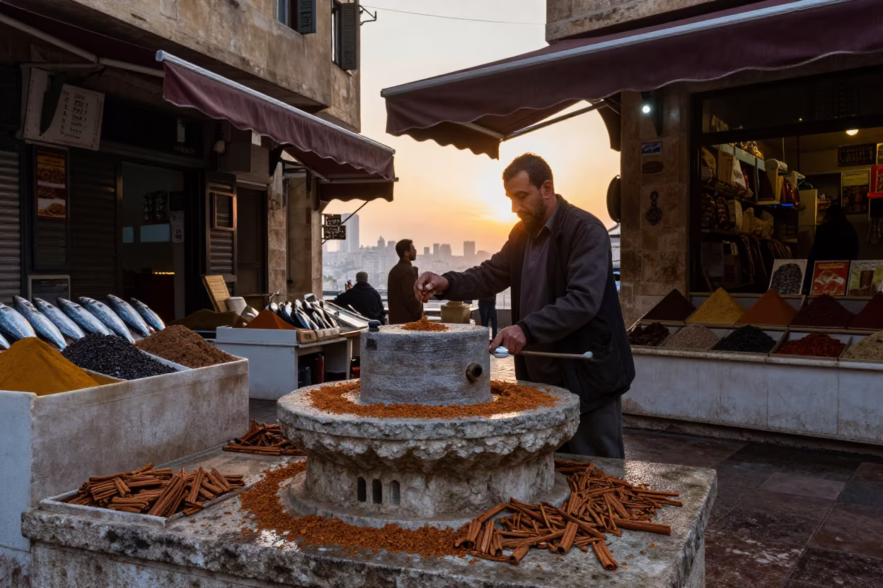 Silhouette of Spice Merchant Grinding Cinnamon at Beirut Market in beside a fish counter in Hamra, Beirut