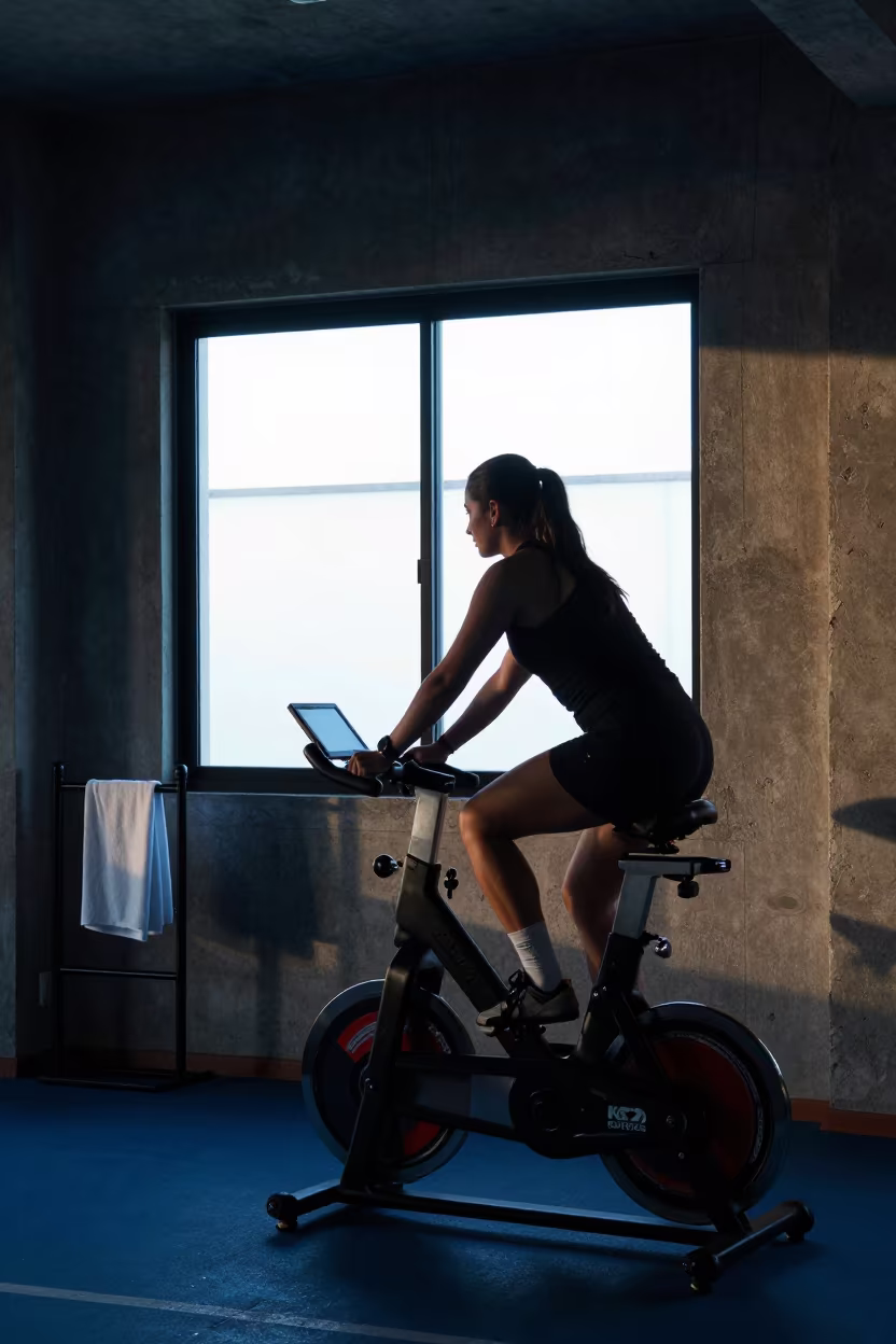 Silhouette of Spin Instructor Bike by Pool Deck in on an indoor lap-pool deck before open swim near Gómez Palacio