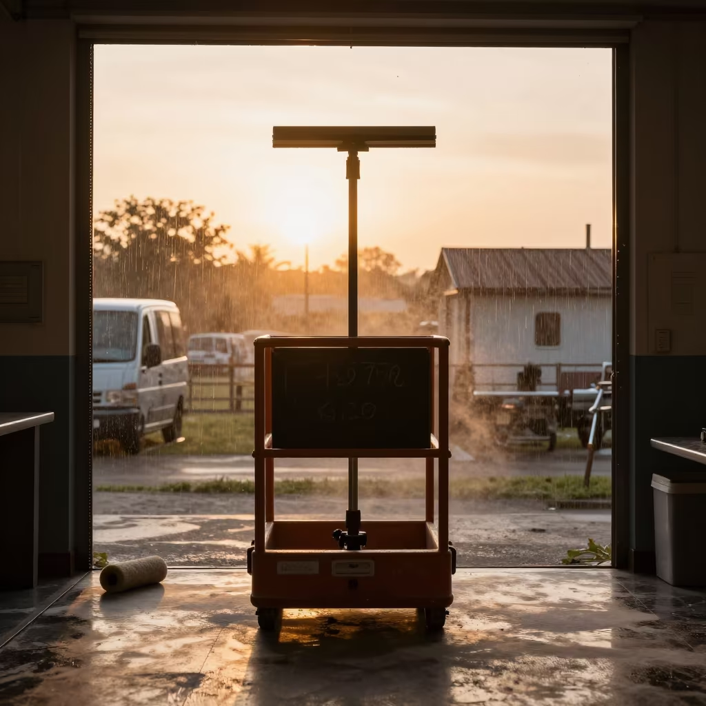 Silhouette of Squeegee Against Golden Sunset Light in inside a recovery lounge beside foam rollers in Guacara