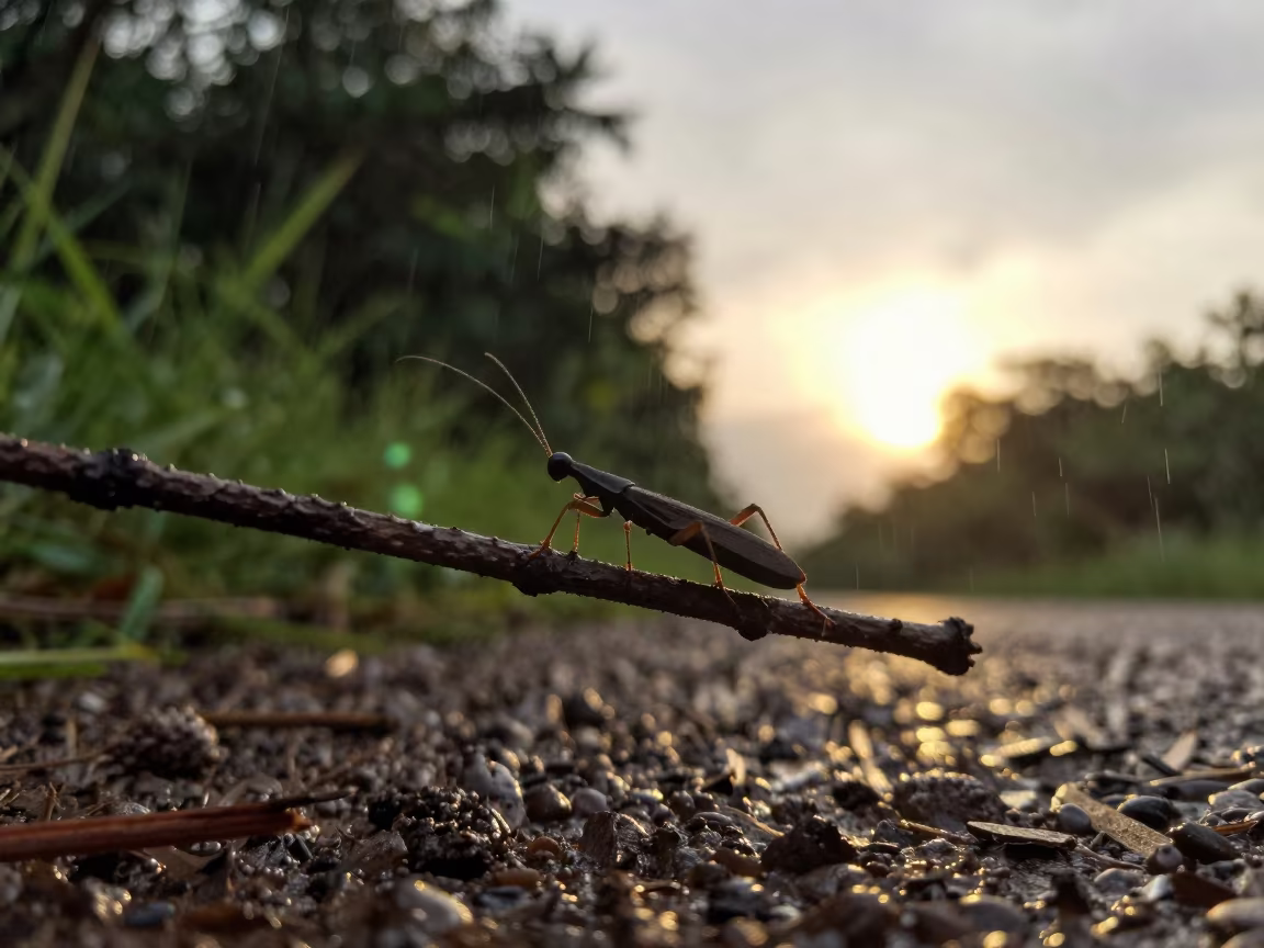 Silhouette Stick Insect on Sunset Trail in along a game trail near Méagui