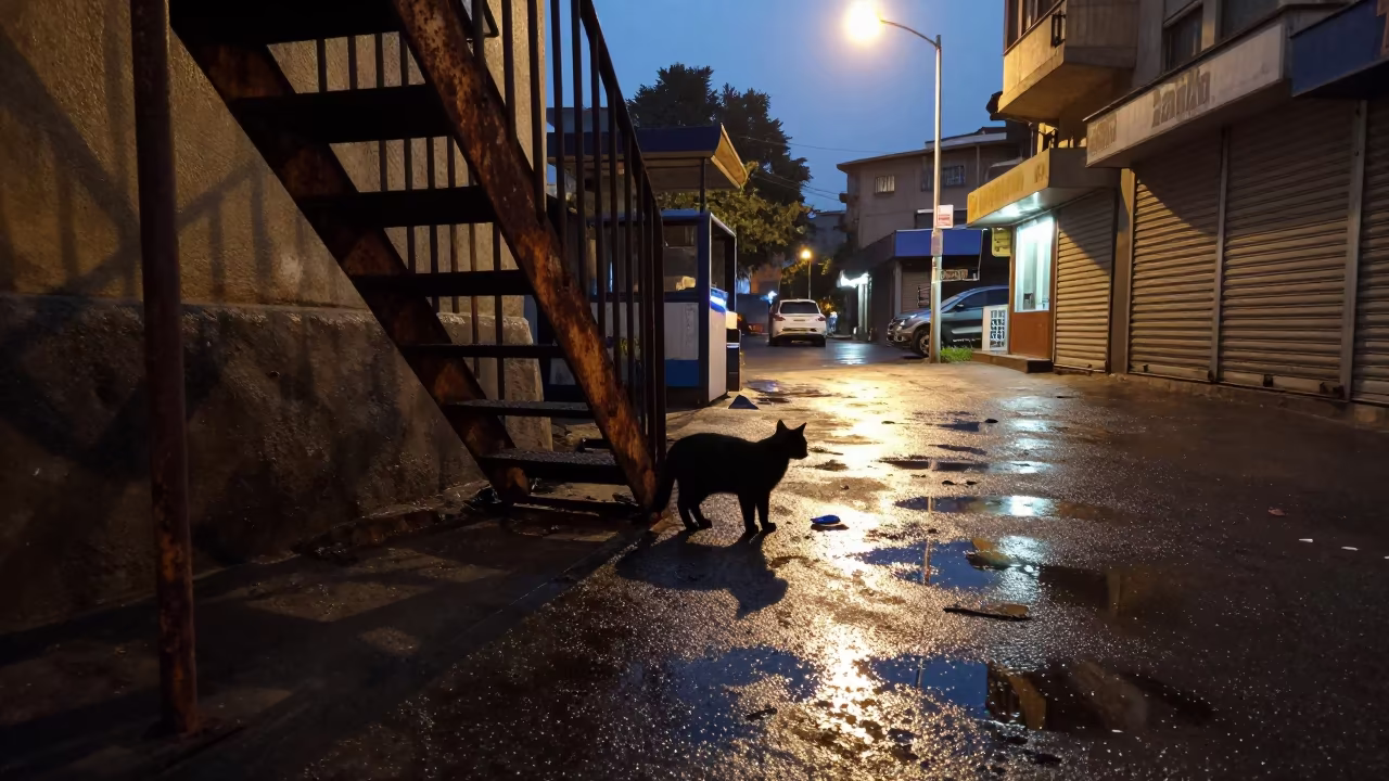 Silhouette of Stray Cat on Addis Fire Escape in along a shuttered arcade in Meskel Square, Addis Ababa