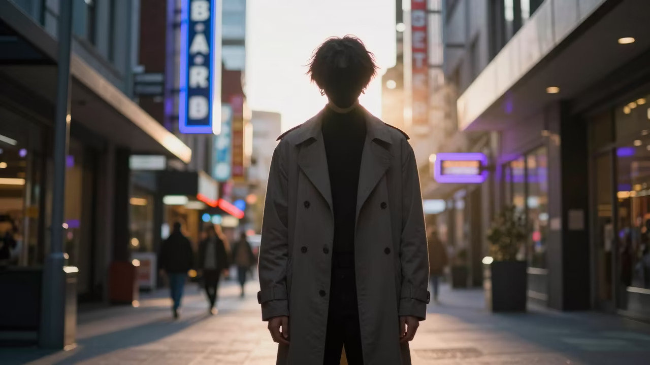 Silhouette of Structured Outerwear in Vancouver Arcade in along a neon-lit arcade near Vancouver