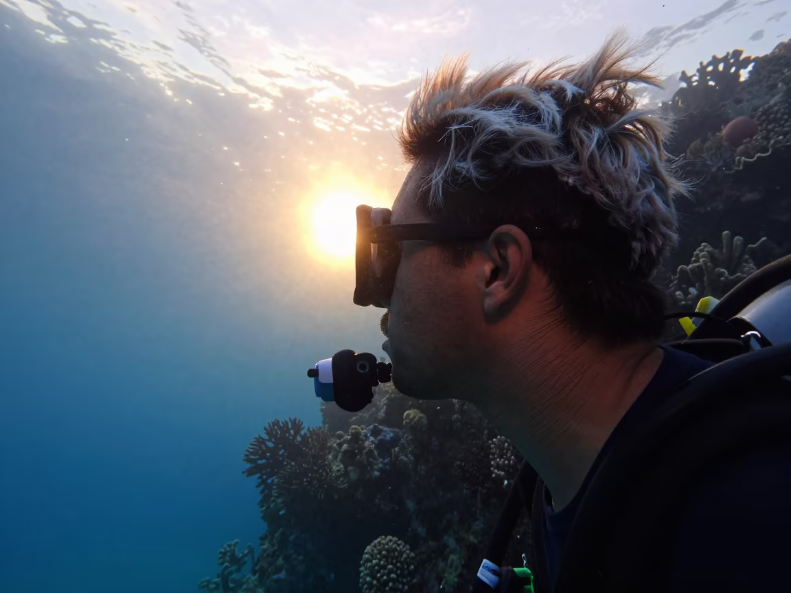 Silhouette Surveyor Salt Bleached Hair Sunset Reef in along a coral wall with blue water beyond near Belize City