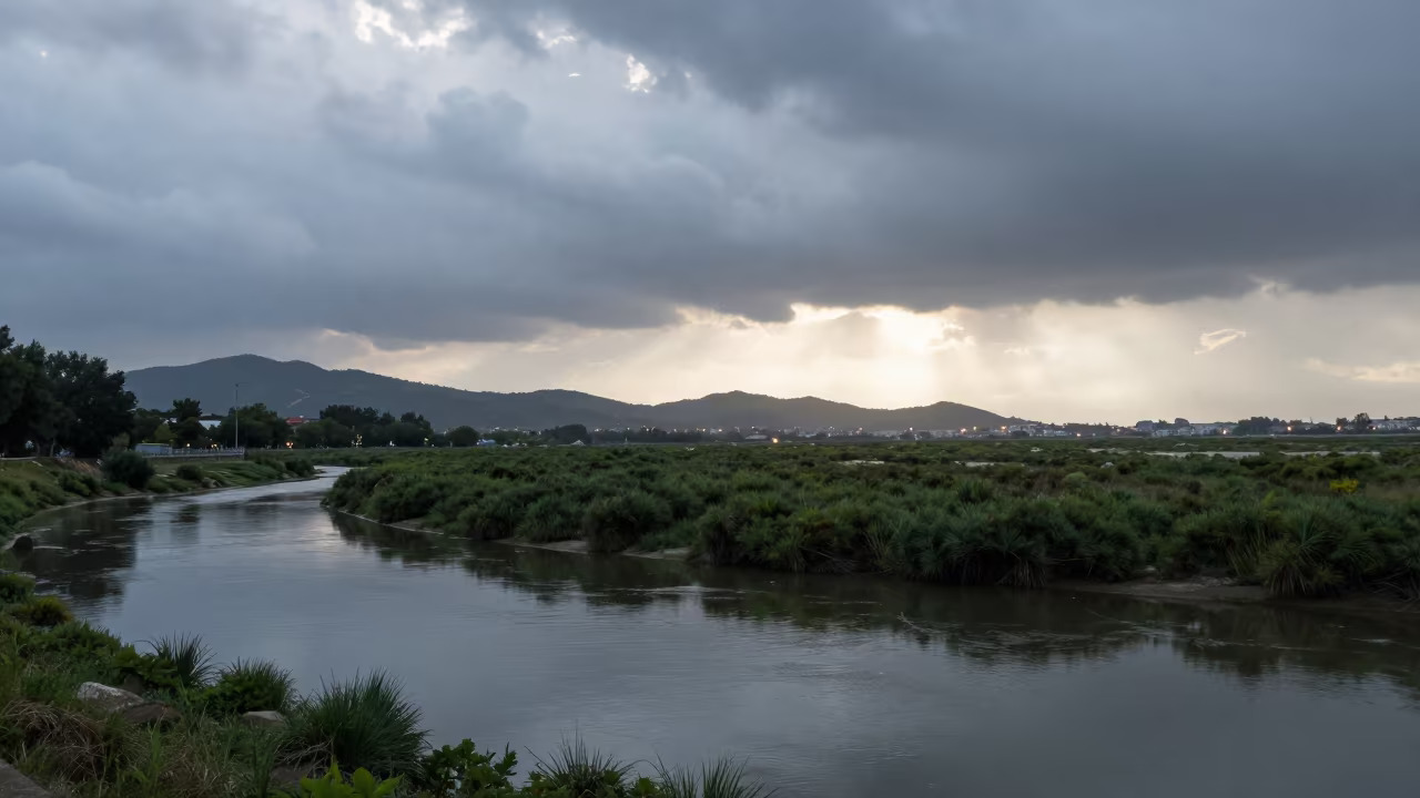 Silhouette of Taranto Marsh Under Silver Rain in from a ridge above layered foothills near Taranto