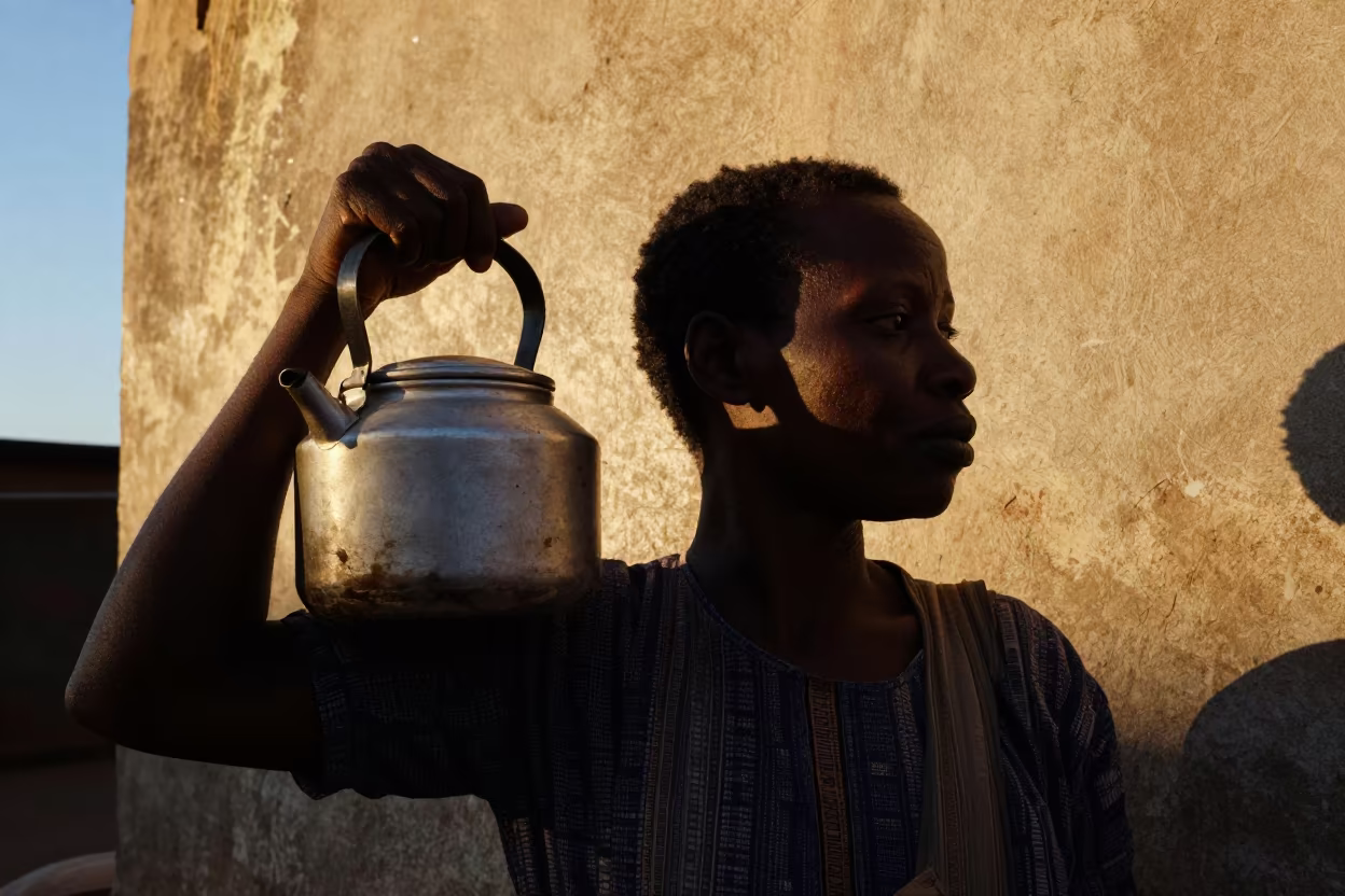 Silhouette Tea Seller Golden Hour Douala in against a sun-bleached plaster wall near Douala