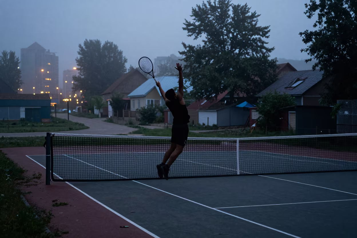 Silhouette Tennis Smash in Misty Osh Lane in in a village lane near Osh