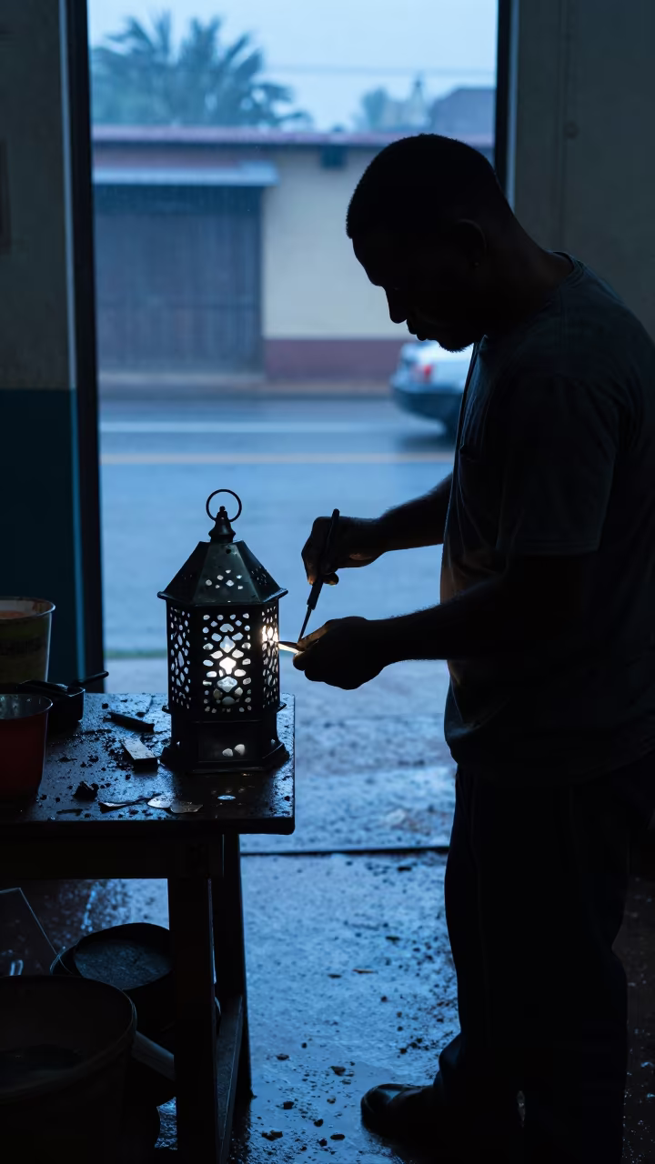 Silhouette of Tinsmith Punching Lantern in Cotonou Evening in in Cotonou