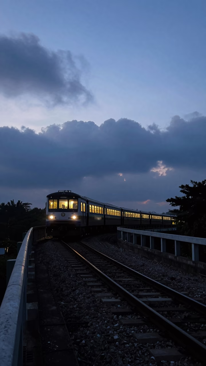 Silhouette Train Crossing Bridge at Twilight in along a switchback approach near Kota Kinabalu