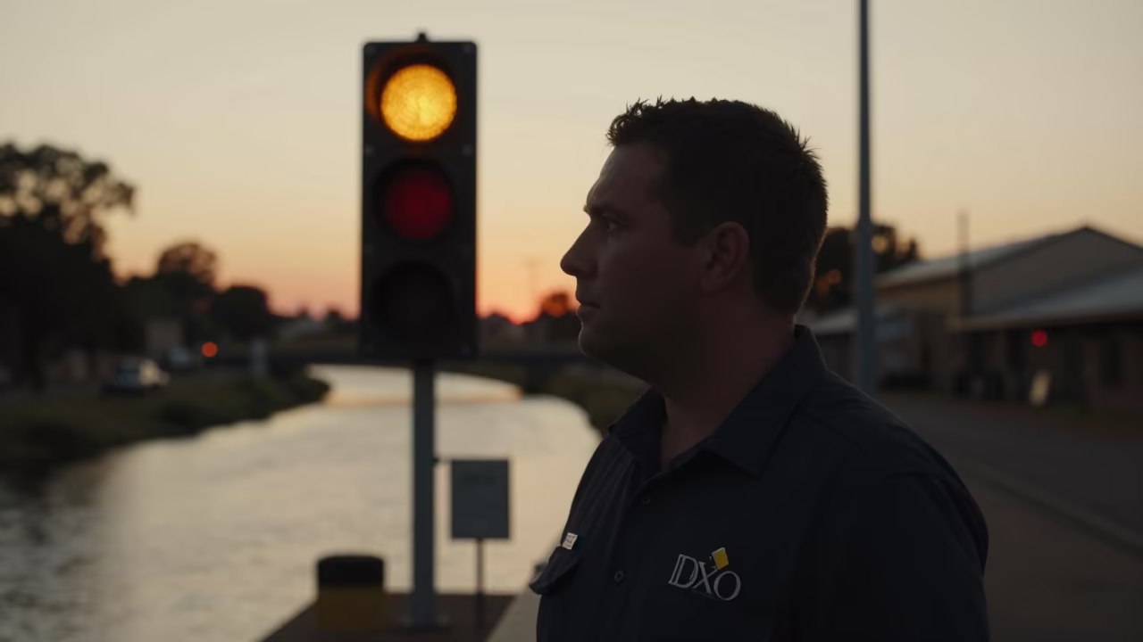 Silhouette of Train Dispatcher by Canal at Sunset in beside a canal in Newtown, Johannesburg