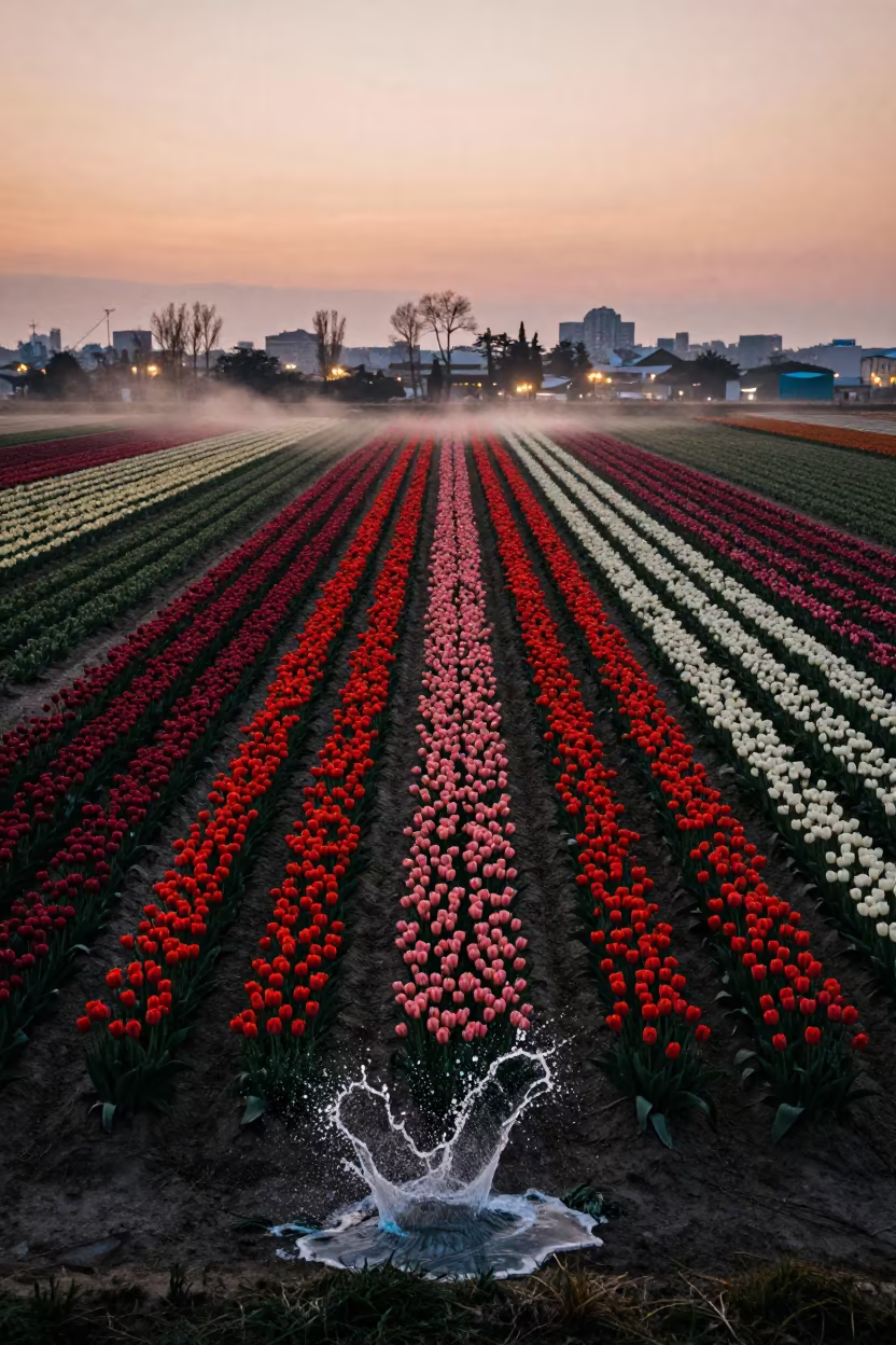 Silhouette Tulip Fields with Frozen Water Splash in across a wide valley floor near Hanoi